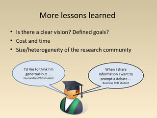 More lessons learned
• Is there a clear vision? Defined goals?
• Cost and time
• Size/heterogeneity of the research community
When I share
information I want to
prompt a debate ...
Business PhD student
I’d like to think I’m
generous but ...
Humanities PhD student
 
