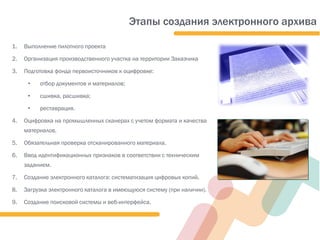 Этапы создания электронного архива
1. Выполнение пилотного проекта
2. Организация производственного участка на территории Заказчика
3. Подготовка фонда первоисточников к оцифровке:
• отбор документов и материалов;
• сшивка, расшивка;
• реставрация.
4. Оцифровка на промышленных сканерах с учетом формата и качества
материалов.
5. Обязательная проверка отсканированного материала.
6. Ввод идентификационных признаков в соответствии с техническим
заданием.
7. Создание электронного каталога: систематизация цифровых копий.
8. Загрузка электронного каталога в имеющуюся систему (при наличии).
9. Создание поисковой системы и веб-интерфейса.
 