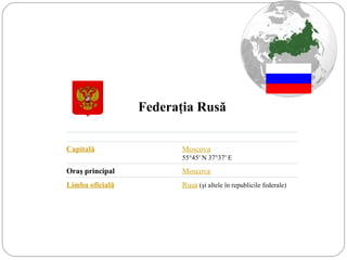 Federaţia Rusă Capitală Moscova 55°45′ N 37°37′ E Oraş principal Moscova Limba oficială Rusa   (şi altele în republicile federale) 