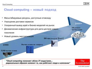 Cloud computing  – новый подход 1990 2009+ ПО как услуга ( SaaS) Вычисления по запросу Grid -вычисления Облачные  вычисления “ Cloud computing поменя ет  облик IT-индустрии...  радикальным образом изменит то, как работают люди и компании ” Масштабируемые ресурсы, доступные отовсюду Упрощение доставки сервисов Ускоренный вывод идей и бизнес-моделей на рынок Динамическая инфраструктура для дата-центров нового поколения Новый уровень виртуализации 