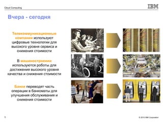 Вчера - сегодня Банки  переводят часть операции в банкоматы для улучшения обслуживания и снижения стоимости В  машиностроении  используются роботы для достижения высокого уровня качества и снижения стоимости Телекоммуникационные компании  используют цифровые технологии для высокого уровня сервиса и снижения стоимости 