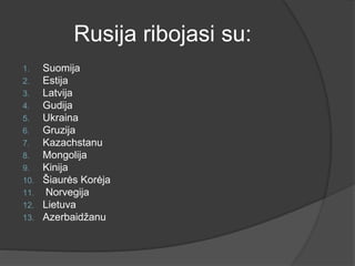 Rusija ribojasi su:
1. Suomija
2. Estija
3. Latvija
4. Gudija
5. Ukraina
6. Gruzija
7. Kazachstanu
8. Mongolija
9. Kinija
10. Šiaurės Korėja
11. Norvegija
12. Lietuva
13. Azerbaidžanu
 