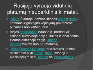 Rusijoje vyrauja vidutinių
platumų ir subarktinis klimatai.
 Sibiro Šiaurėje, dažnos stiprios pūgos; bora –
smarkus ir gūsingas vėjas jūrų pakrantėse,
pučiantis nuo kalnagūbrio.
 Azijos anticiklonas rytuose ir „nardantys“
ciklonai europinėje dalyje; šaltos ir labai šaltos
žiemos didesnėje dalyje, sniego
dangos trukmė nuo 5-6 mėnesių.
 Rytų Europos lygumoje nuo šiaurės į pietus
atitinkamai plyti tundra, taiga, mišrieji ir
plačialapių miškai, stepės bei pusdykumės.
 