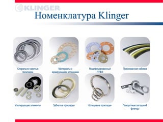 Номенклатура Klinger




 Спирально-навитые          Материалы с        Модифицированный      Прессованная набивка
     прокладки         армирующими волокнами        ПТФЭ




Изолирующие элементы   Зубчатые прокладки      Кольцевые прокладки   Поворотные заглушки&
                                                                           фланцы
 
