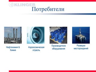 Потребители




                                 Производители      Разведка
Нефтехимия &   Аэрокосмическая
                                 оборудования    месторождений
   Химия           отрасль
 