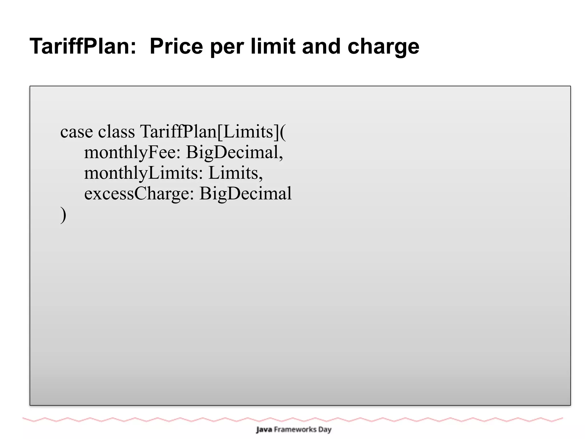TariffPlan: Price per limit and charge
case class TariffPlan[Limits](
monthlyFee: BigDecimal,
monthlyLimits: Limits,
excessCharge: BigDecimal
)
 