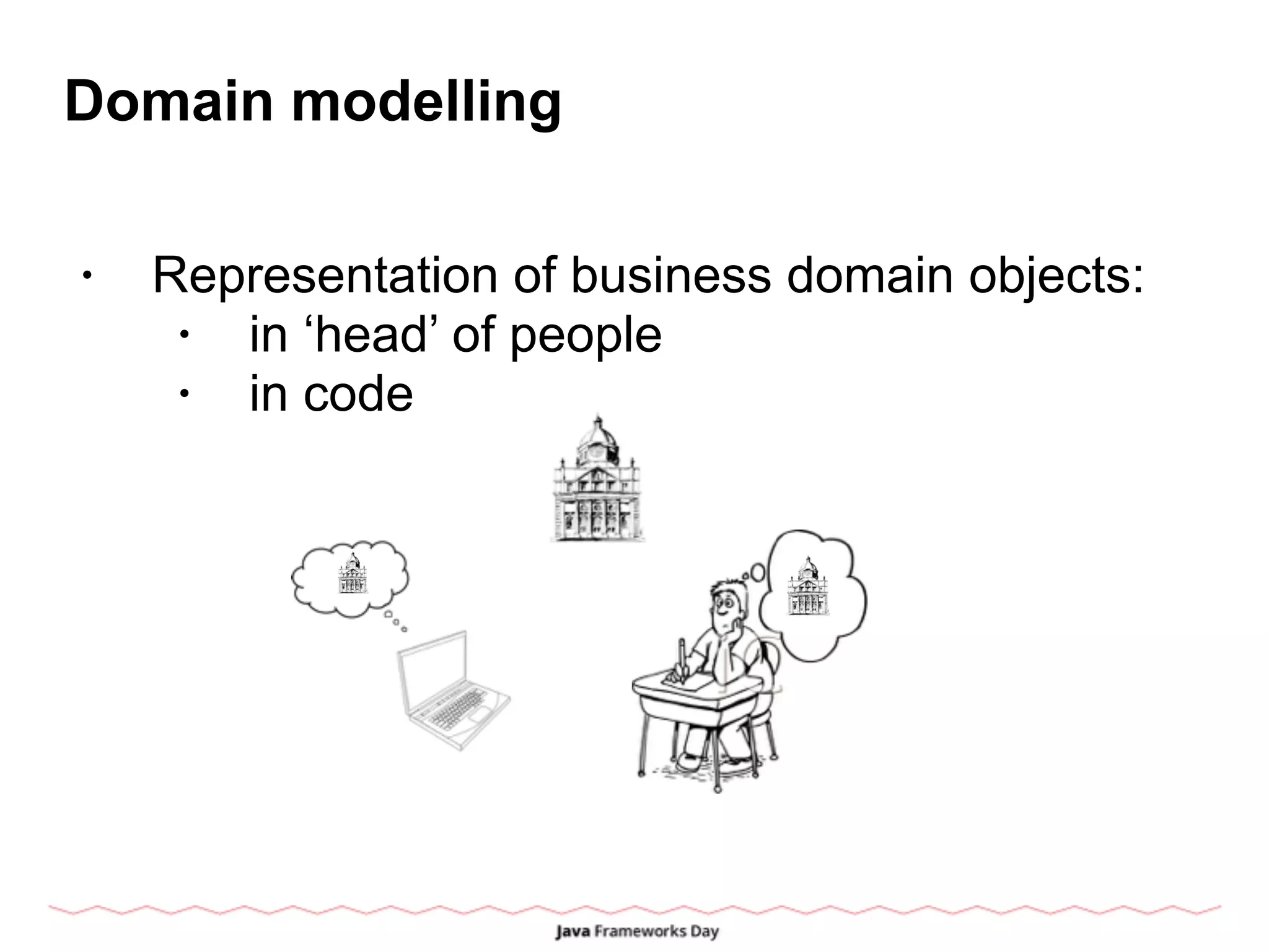 Domain modelling
• Representation of business domain objects:
• in ‘head’ of people
• in code
 