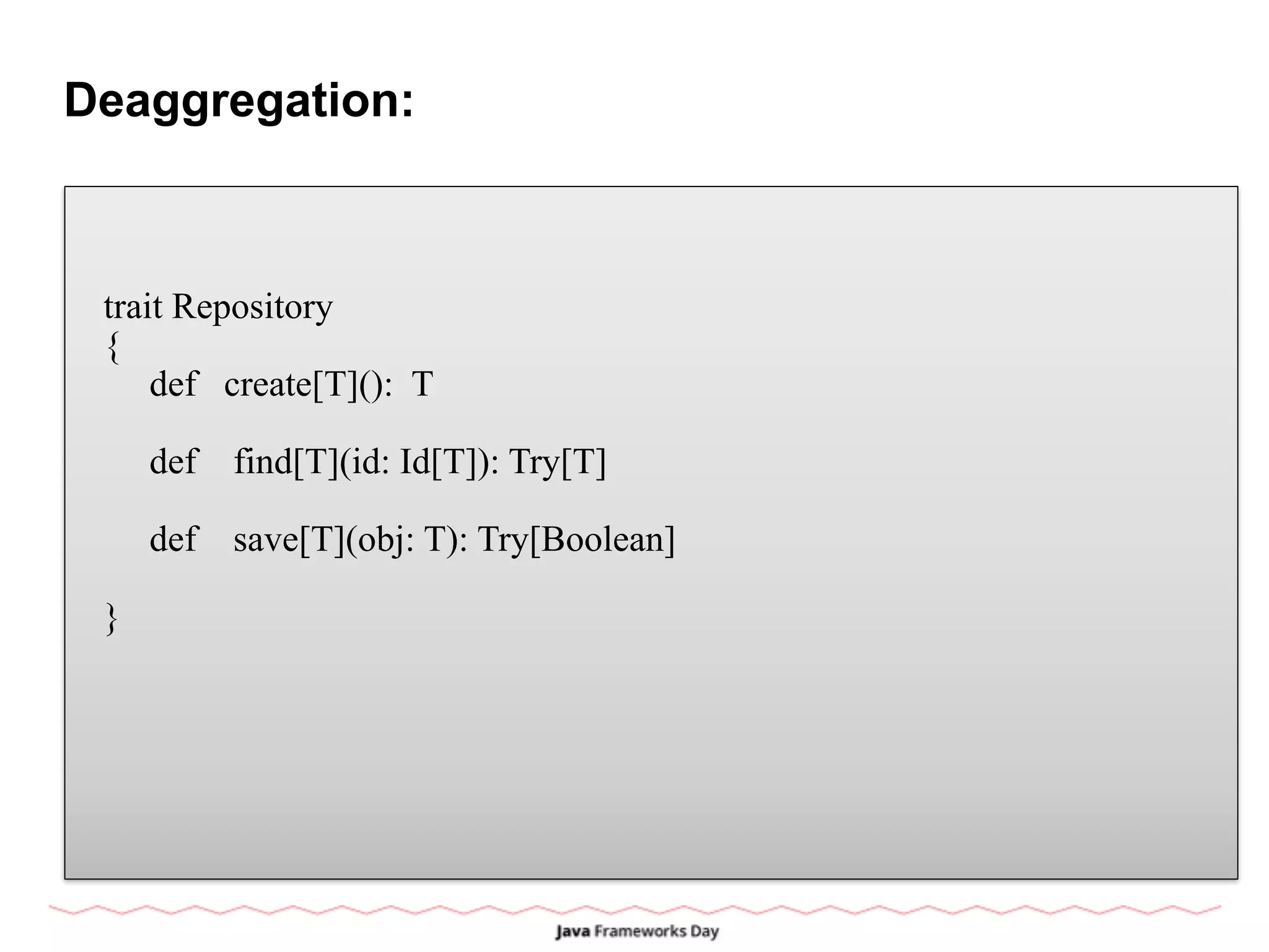 Deaggregation:
trait Repository
{
def create[T](): T
def find[T](id: Id[T]): Try[T]
def save[T](obj: T): Try[Boolean]
}
 
