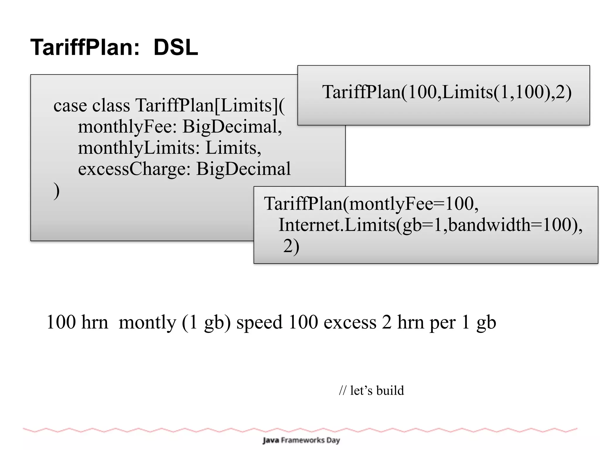 TariffPlan: DSL
case class TariffPlan[Limits](
monthlyFee: BigDecimal,
monthlyLimits: Limits,
excessCharge: BigDecimal
)
TariffPlan(100,Limits(1,100),2)
TariffPlan(montlyFee=100,
Internet.Limits(gb=1,bandwidth=100),
2)
100 hrn montly (1 gb) speed 100 excess 2 hrn per 1 gb
// let’s build
 