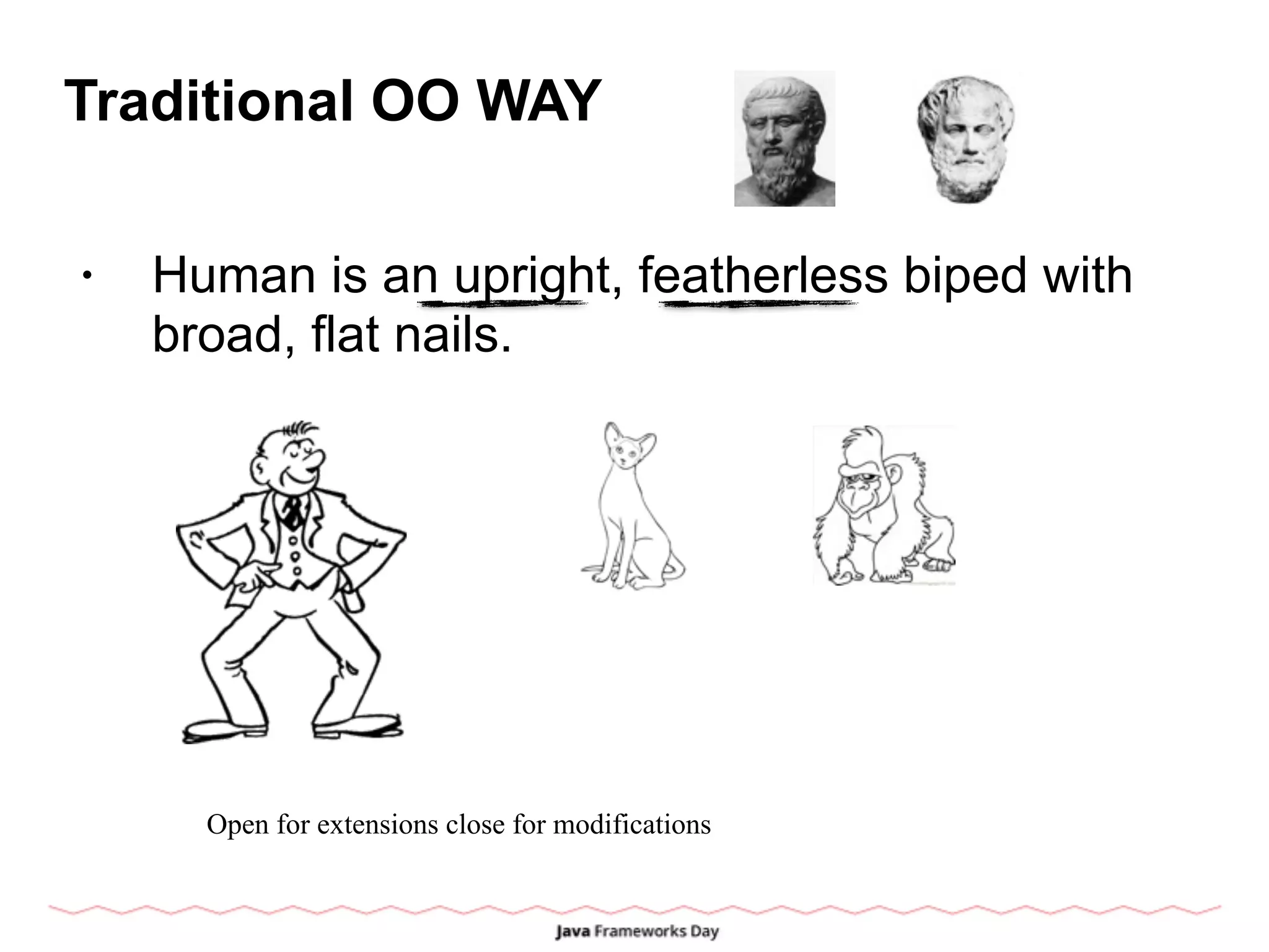 Traditional OO WAY
• Human is an upright, featherless biped with
broad, flat nails.
Open for extensions close for modifications
 