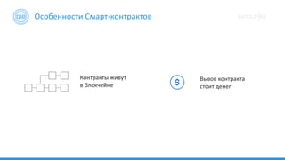 Контракты живут
в блокчейне
Вызов контракта
стоит денег
Особенности Смарт-контрактов
 