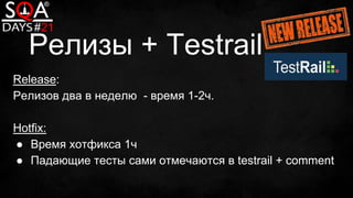 Релизы + Testrail
Release:
Релизов два в неделю - время 1-2ч.
Hotfix:
● Время хотфикса 1ч
● Падающие тесты сами отмечаются в testrail + comment
 