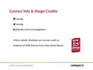 Contact Info & Image Credits
 russelg
 russelg
 linkedin.com/in/russelgarlick/
Unless stated, all photos are my own work or
property of GNS Science from their photo library
 