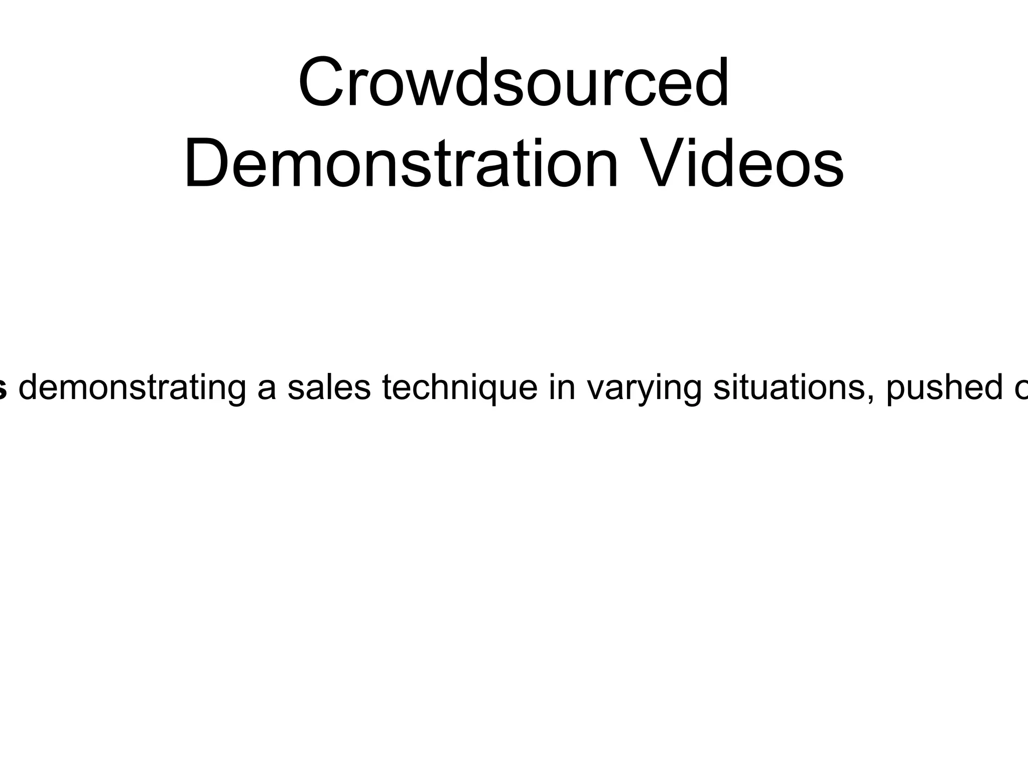 Crowdsourced
Demonstration Videos
s demonstrating a sales technique in varying situations, pushed o
 