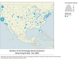 .




                    Number of US Technology-based companies
                         Advertising & Web, Dec 2009
Neil Rubens, Kaisa Still, Jukka Huhtamaki, Martha G. Russell “Leveraging Social Media for Analysis of Players and Players and Their Moves”
                                                             “Behind the Innovation Curtain: Mobile Innovation Their Moves.”
Technical Report. Media X, Stanford University, Feb.2010.
Submitted to the International Conference on Mobile Business,” Intl Conf on Mobile Business.
 