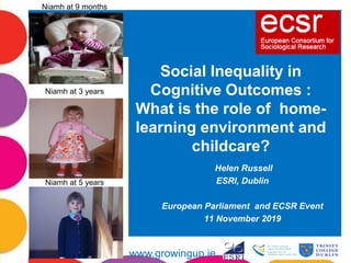 www.growingup.ie
Niamh at 9 months
Niamh at 3 years
Niamh at 5 years
Social Inequality in
Cognitive Outcomes :
What is the role of home-
learning environment and
childcare?
Helen Russell
ESRI, Dublin
European Parliament and ECSR Event
11 November 2019
 