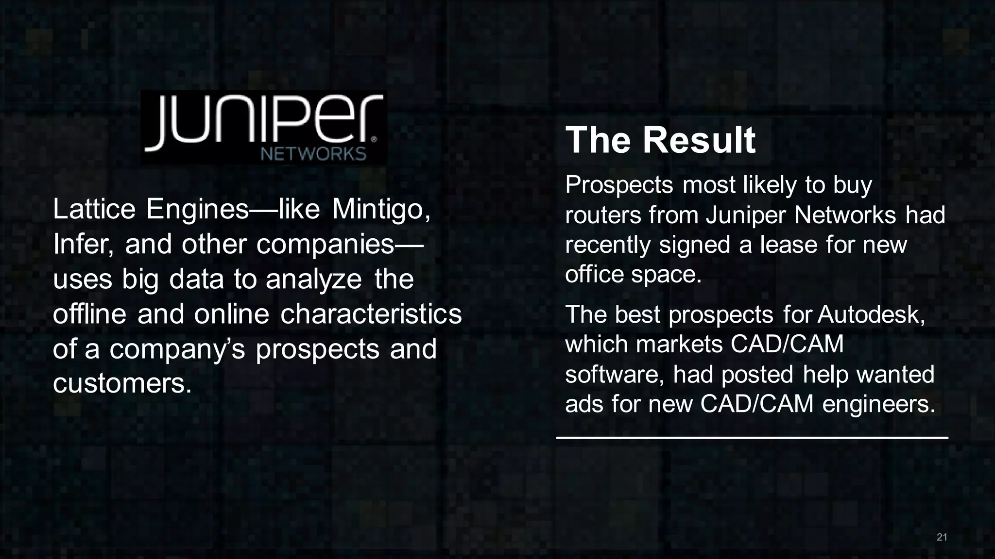 2121
The Result
Prospects most likely to buy
routers from Juniper Networks had
recently signed a lease for new
office space.
The best prospects for Autodesk,
which markets CAD/CAM
software, had posted help wanted
ads for new CAD/CAM engineers.
Lattice Engines—like Mintigo,
Infer, and other companies—
uses big data to analyze the
offline and online characteristics
of a company’s prospects and
customers.
 