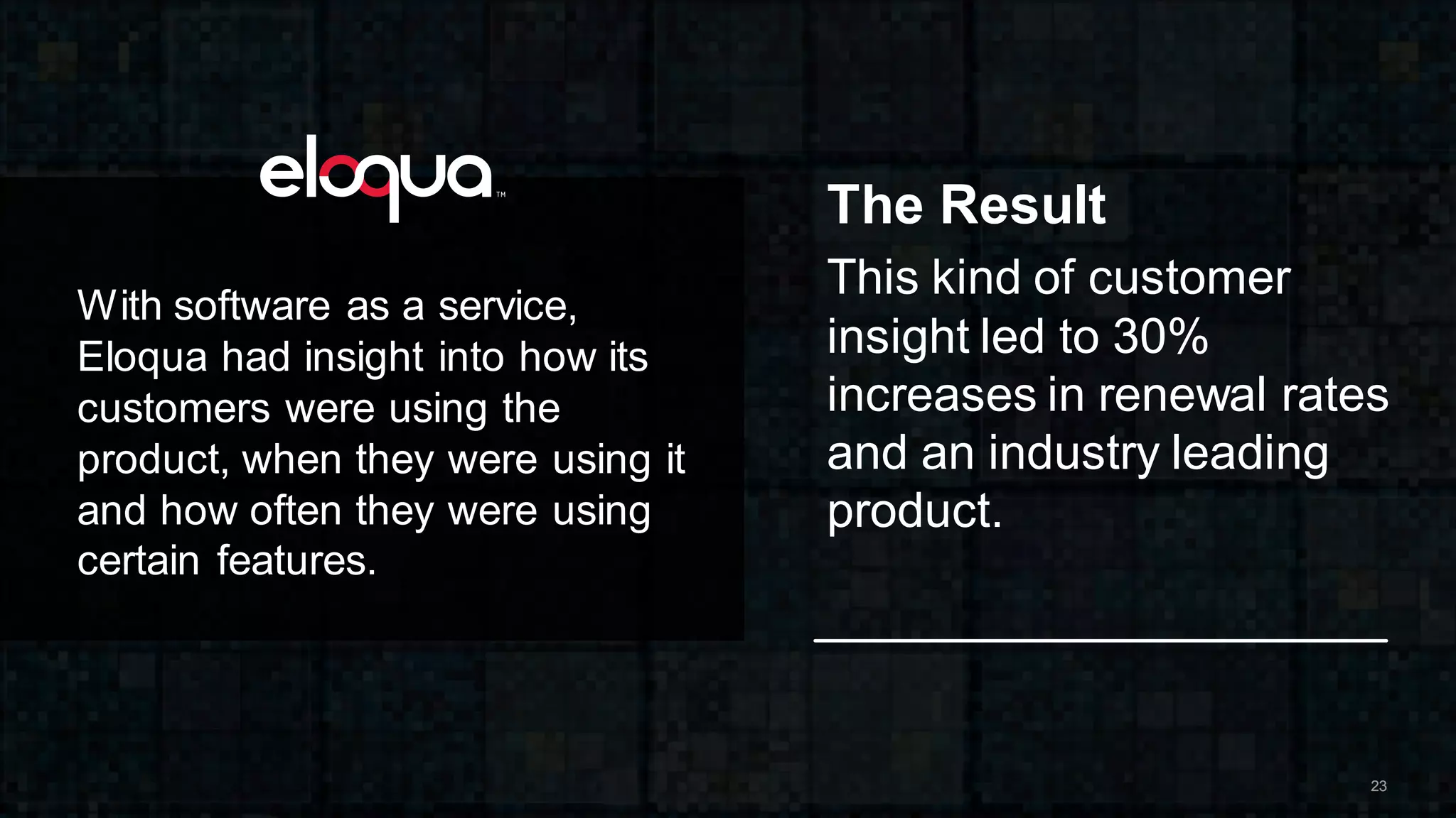 2323
The Result
This kind of customer
insight led to 30%
increases in renewal rates
and an industry leading
product.
With software as a service,
Eloqua had insight into how its
customers were using the
product, when they were using it
and how often they were using
certain features.
 