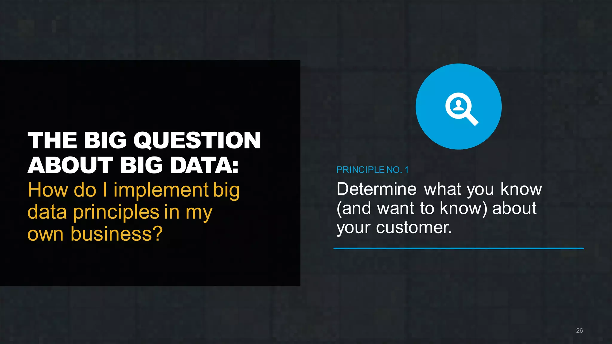 THE BIG QUESTION
ABOUT BIG DATA:
How do I implement big
data principles in my
own business?
PRINCIPLE NO. 1
Determine what you know
(and want to know) about
your customer.
26
 