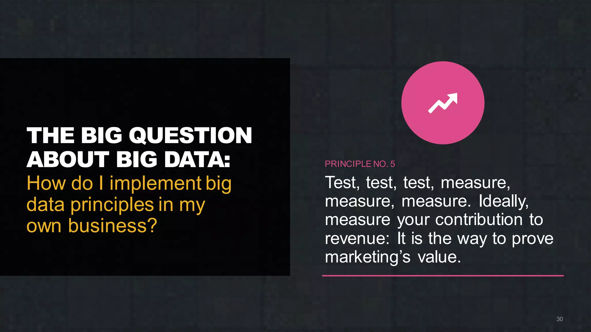 THE BIG QUESTION
ABOUT BIG DATA:
How do I implement big
data principles in my
own business?
30
PRINCIPLE NO. 5
Test, test, test, measure,
measure, measure. Ideally,
measure your contribution to
revenue: It is the way to prove
marketing’s value.
 