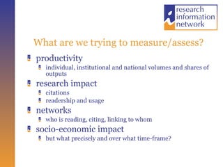 What are we trying to measure/assess? productivity individual, institutional and national volumes and shares of outputs research impact citations readership and usage networks who is reading, citing, linking to whom socio-economic impact but what precisely and over what time-frame? 