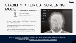 Proprietary - Company Confidential ©2020 FLIR Systems Inc. Information and equipment described herein
may require US Government authorization for export purposes. Diversion contrary to US law is prohibited.
STABILITY  FLIR EST SCREENING
MODE
• Onboard highly-stable FLIR T-Series, Exx-Series,
and A-Series cameras
• Relative measurement compares Measured to
Alarm Temperature
• Alarm Temperature is set based on Sampled
Average Temperature and updated dynamically
WITH A DYNAMIC BASELINE, SCREENING MODE MINIMIZES PERSON-TO-PERSON
VARIATION AND MAXIMIZES EST SCREENING ACCURACY
23
Sampled Average Temperature
Alarm Temperature
Measured Temperature
 