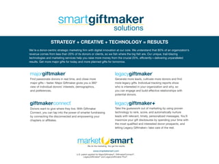 We’re a donor-centric strategic marketing firm with digital innovation at our core. We understand that 80% of an organization’s
revenue comes from less than 20% of its donors or clients, so we fish where the big fish are. Our unique, trail-blazing
technologies and marketing services help you raise more money from the crucial 20%, efficiently—delivering unparalleled
results. Get more major gifts for today and more planned gifts for tomorrow.
STRATEGY + CREATIVE + TECHNOLOGY = RESULTS
Generate more leads, cultivate more donors and find
more legacy gifts. Individual tracking reports show
who is interested in your organization and why, so
you can engage and build effective relationships with
potential donors.
Take the guesswork out of marketing by using proven
technology to rank, score, and automatically nurture
leads with relevant, timely, personalized messages. You’ll
maximize your gift disclosures by spending your time with
the most qualified and interested donor prospects, and
letting Legacy Giftmaker+ take care of the rest.
Find passionate donors in real time, and close more
major gifts – faster. Major Giftmaker gives you a 360°
view of individual donors’ interests, demographics,
and preferences.
Donors want to give where they live. With Giftmaker
Connect, you can tap into the power of smarter fundraising
by connecting the disconnected and empowering your
chapters or affiliates.
www.imarketsmart.com
U.S. patent applied for MajorGiftmaker®
, GiftmakerConnect®
,
LegacyGiftmaker®
and LegacyGiftmaker Plus®
.
 