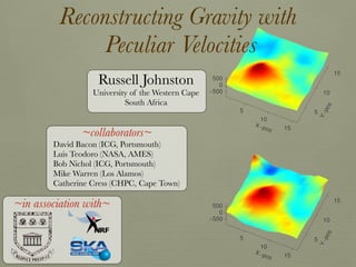 Reconstructing Gravity with
Peculiar Velocities
Russell Johnston
University of the Western Cape
South Africa
~collaborators~
David Bacon (ICG, Portsmouth)
Luis Teodoro (NASA, AMES)
Bob Nichol (ICG, Portsmouth)
Mike Warren (Los Alamos)
Catherine Cress (CHPC, Cape Town)
~in association with~
 