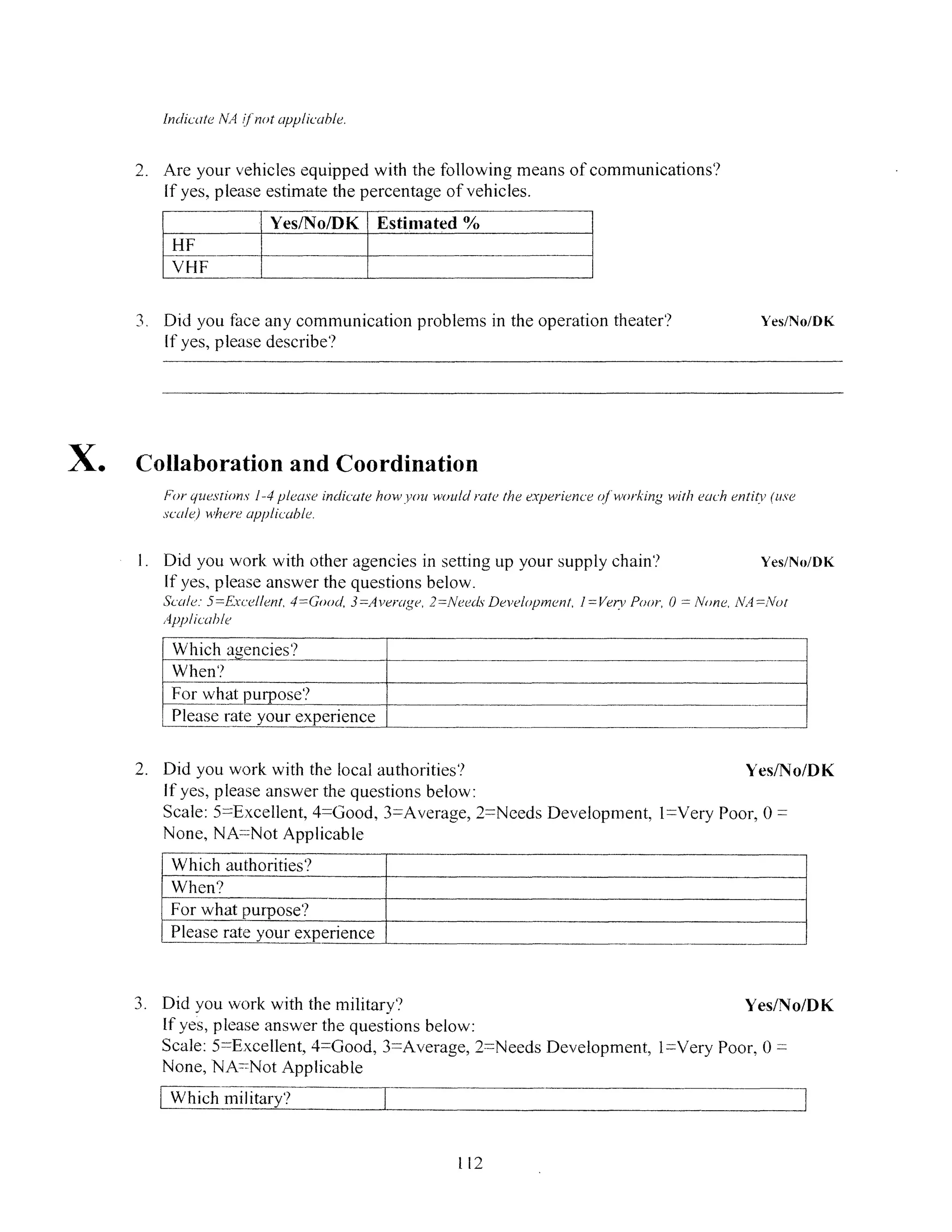 Indicate NA if'notapplicable.
2. Are your vehicles equipped with the following means of communications'?
If yes, please estimate the percentage of vehicles.
Yes/No/DK Estimated %
HF
VHF
3. Did you face any communication problems in the operation theater'?
If yes, please describe'?
Yes/No/DK
Collaboration and Coordination
Fir questions 1-4please indicate holw ou would rate the experience ofwvorkingwith each entity (use
scale) vwhereapplicable.
1. Did you work with other agencies in setting p your supply chain'? Yes/No/DK
If yes, please answer the questions below.
Scale. 5=Ex,::ellent,4=Good, 3=,4Averae,2=NeecdsDevelopment, I=Ver Poor, 0 = None, NA=Aot
,4App)licahle
Which agencies'?
When'?
For what purpose'?
Pleaserate your experience
2. Did you work with the local authorities'? Yes/No/DK
If yes, please answer the questions below:
Scale: 5--Excellent, 4=Good, 3=Average, 2=Needs Development, I=Very Poor, 0 =
None, NA-::Not Applicable
Which authorities'?
When?
For what purpose'?
Please rate your experience
3. Did you work with the military? Yes/No/DK
If yes, please answer the questions below:
Scale: 5Excellent, 4=Good, 3Average, 2=Needs Development, l=Very Poor, 0 =
None, NA-::Not Applicable
Which military?
112
X.
 