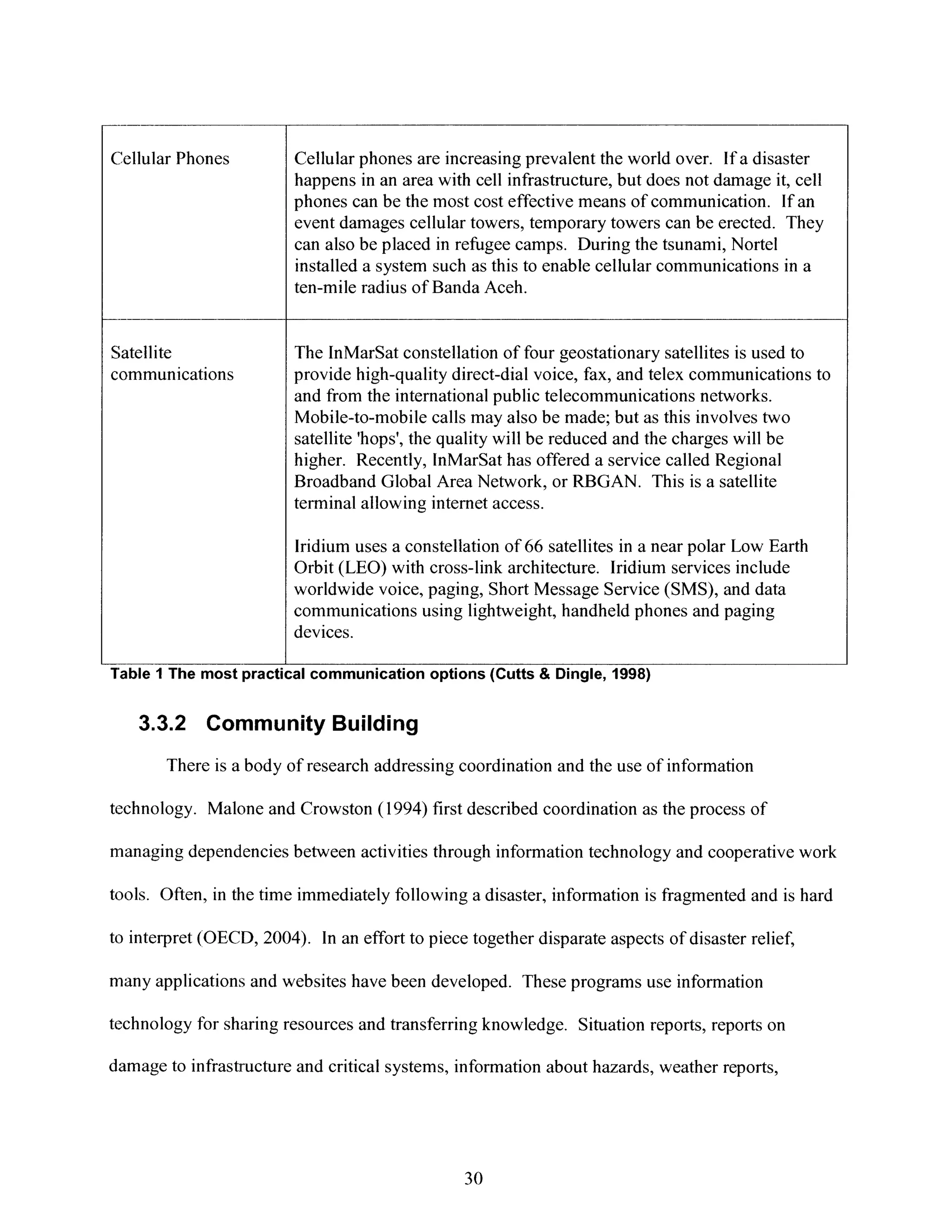 Cellular Phones Cellular phones are increasing prevalent the world over. If a disaster
happens in an area with cell infrastructure, but does not damage it, cell
phones can be the most cost effective means of communication. If an
event damages cellular towers, temporary towers can be erected. They
can also be placed in refugee camps. During the tsunami, Nortel
installed a system such as this to enable cellular communications in a
ten-mile radius of Banda Aceh.
Satellite The InMarSat constellation of four geostationary satellites is used to
communications provide high-quality direct-dial voice, fax, and telex communications to
and from the international public telecommunications networks.
Mobile-to-mobile calls may also be made; but as this involves two
satellite 'hops', the quality will be reduced and the charges will be
higher. Recently, InMarSat has offered a service called Regional
Broadband Global Area Network, or RBGAN. This is a satellite
terminal allowing internet access.
Iridium uses a constellation of 66 satellites in a near polar Low Earth
Orbit (LEO) with cross-link architecture. Iridium services include
worldwide voice, paging, Short Message Service (SMS), and data
communications using lightweight, handheld phones and paging
devices.
Table I The most practical communication options (Cutts & Dingle, 1998)
3.3.2 Community Building
There is a body of research addressing coordination and the use of information
technology. Malone and Crowston (1994) first described coordination as the process of
managing dependencies between activities through information technology and cooperative work
tools. Often, in the time immediately following a disaster, information is fragmented and is hard
to interpret (OECD, 2004). In an effort to piece together disparate aspects of disaster relief,
many applications and websites have been developed. These programs use information
technology for sharing resources and transferring knowledge. Situation reports, reports on
damage to infrastructure and critical systems, information about hazards, weather reports,
30
 
