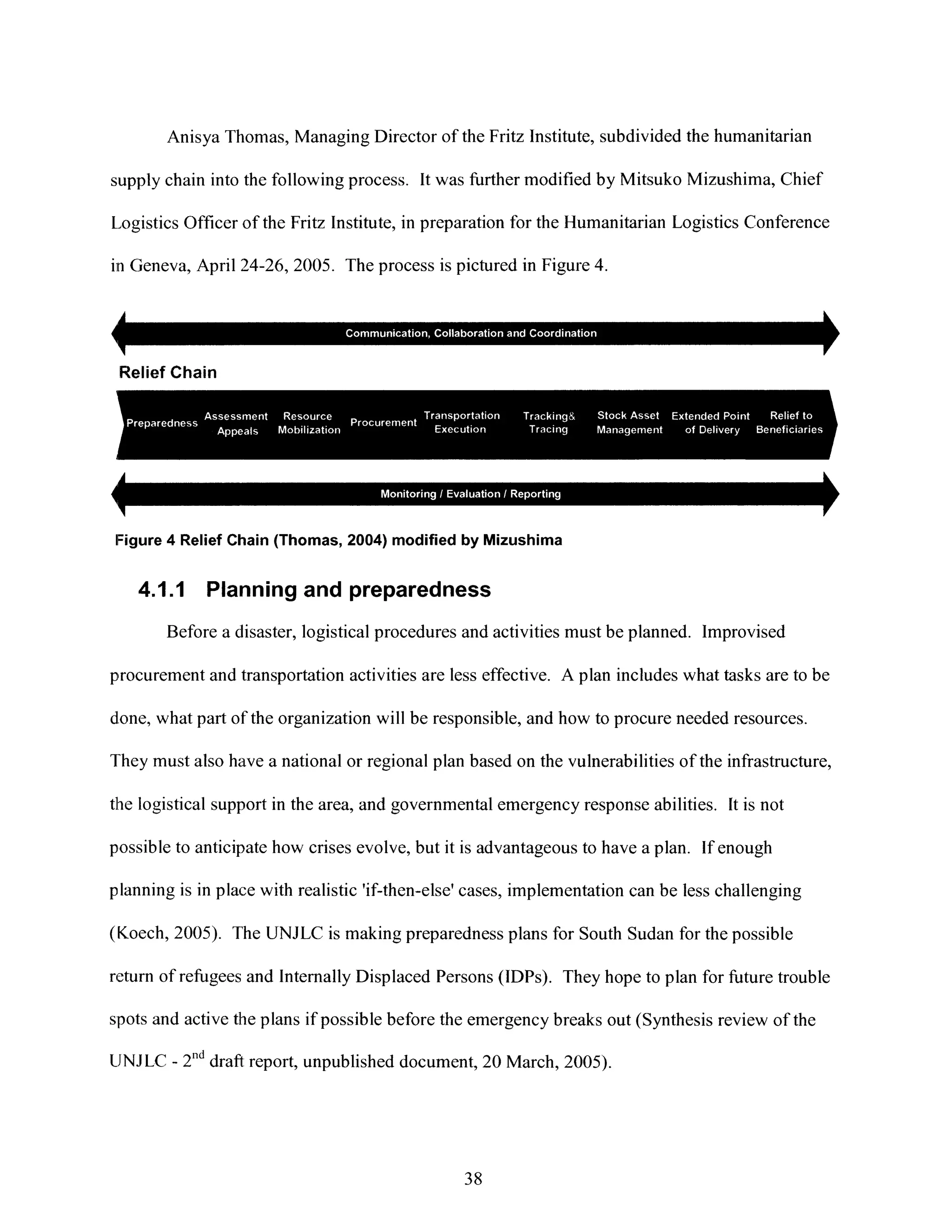 Anisya Thomas, Managing Director of the Fritz Institute, subdivided the humanitarian
supply chain into the following process. It was further modified by Mitsuko Mizushima, Chief
Logistics Officer of the Fritz Institute, in preparation for the Humanitarian Logistics Conference
in Geneva, April 24-26, 2005. The process is pictured in Figure 4.
Relief Chain
'A __
,4 V
Figure 4 Relief Chain (Thomas, 2004) modified by Mizushima
4.1.1 Planning and preparedness
Before a disaster, logistical procedures and activities must be planned. Improvised
procurement and transportation activities are less effective. A plan includes what tasks are to be
done, what part of the organization will be responsible, and how to procure needed resources.
They must also have a national or regional plan based on the vulnerabilities of the infrastructure,
the logistical support in the area, and governmental emergency response abilities. It is not
possible to anticipate how crises evolve, but it is advantageous to have a plan. If enough
planning is in place with realistic 'if-then-else' cases, implementation can be less challenging
(Koech, 2005). The UNJLC is making preparedness plans for South Sudan for the possible
return of refugees and Internally Displaced Persons (IDPs). They hope to plan for future trouble
spots and active the plans ifpossible before the emergency breaks out (Synthesis review of the
UNJLC - 2nd draft report, unpublished document, 20 March, 2005).
38
 