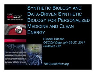 SYNTHETIC BIOLOGY AND
             DATA-DRIVEN SYNTHETIC
                  D
             BIOLOGY FOR PERSONALIZED
             MEDICINE AND CLEAN
             ENERGY
                   Russell Hanson
                   OSCON D t J l 25 27 2011
                            Data July 25-27,
                   Portland, OR



Russell Hanson
Dec 27, 2004       TheCureIsNow.org
 