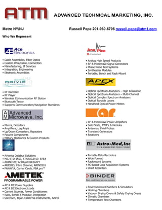 Metro NY/NJ Russell Pepe 201-960-6796 russell.pepe@atm1.com
Who We Represent
• Cable Assemblies, Fiber Optics
• Custom Wire/Cable, Connectors
• Manufacturing, IT Services
• Integration, Engineering
• Electronic Assemblies
• RF Recorder
• RF Player
• Wireless Communication RF Station
• Bluetooth Tester
• Supports Communication/Navigation Standards
• Mixers, Detectors
• Amplifiers, Log Amps
• Up/Down Converters, Repeaters
• Passive Components
• Military Electronics & Custom Products
• Avionics Databus Solutions
• MIL-STD-1553, STANAG3910 EFEX
• ARINC429, AFDX/ARINC664P7
• ARIC825, Fibre Channel, ARINC818
• PANAVIA, Carrier Cards, PBA.pro™
• AC & DC Power Supplies
• AC & DC Electronic Loads
• Current Sources, Power Conditioners
• Rack, Bench & Modular, Integration
• Sorensen, Elgar, California Instruments, Amrel
• Analog High Speed Products
• RF & Microwave Signal Generators
• Phase Noise Test Systems
• Synthesizer Modules
• Portable, Bench and Rack-Mount
• Optical Spectrum Analyzers – High Resolution
• Optical Spectrum Analyzers – Multi-Channel
• Optical Complex Spectrum Analyzers
• Optical Tunable Lasers
• Handheld Optical Power Meters
• RF & Microwave Power Amplifiers
• Solid State, TWT’s & Modules
• Antennas, Field Probes
• Transient Generators
• Receivers
• Portable Data Recorders
• Wide Format
• Rackmount Systems
• PC-Based Data Acquisition Systems
• Chart Recorders
• Environmental Chambers & Simulators
• Heating Chambers
• Vacuum Drying Ovens & Safety Drying Ovens
• Climatic Chambers
• Temperature Test Chambers
 