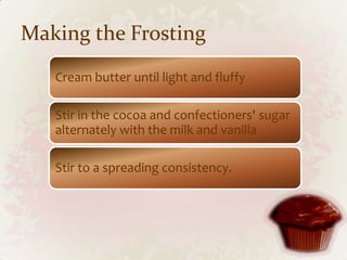Making the Frosting
   Cream butter until light and fluffy

   Stir in the cocoa and confectioners' sugar
   alternately with the milk and vanilla

   Stir to a spreading consistency.
 