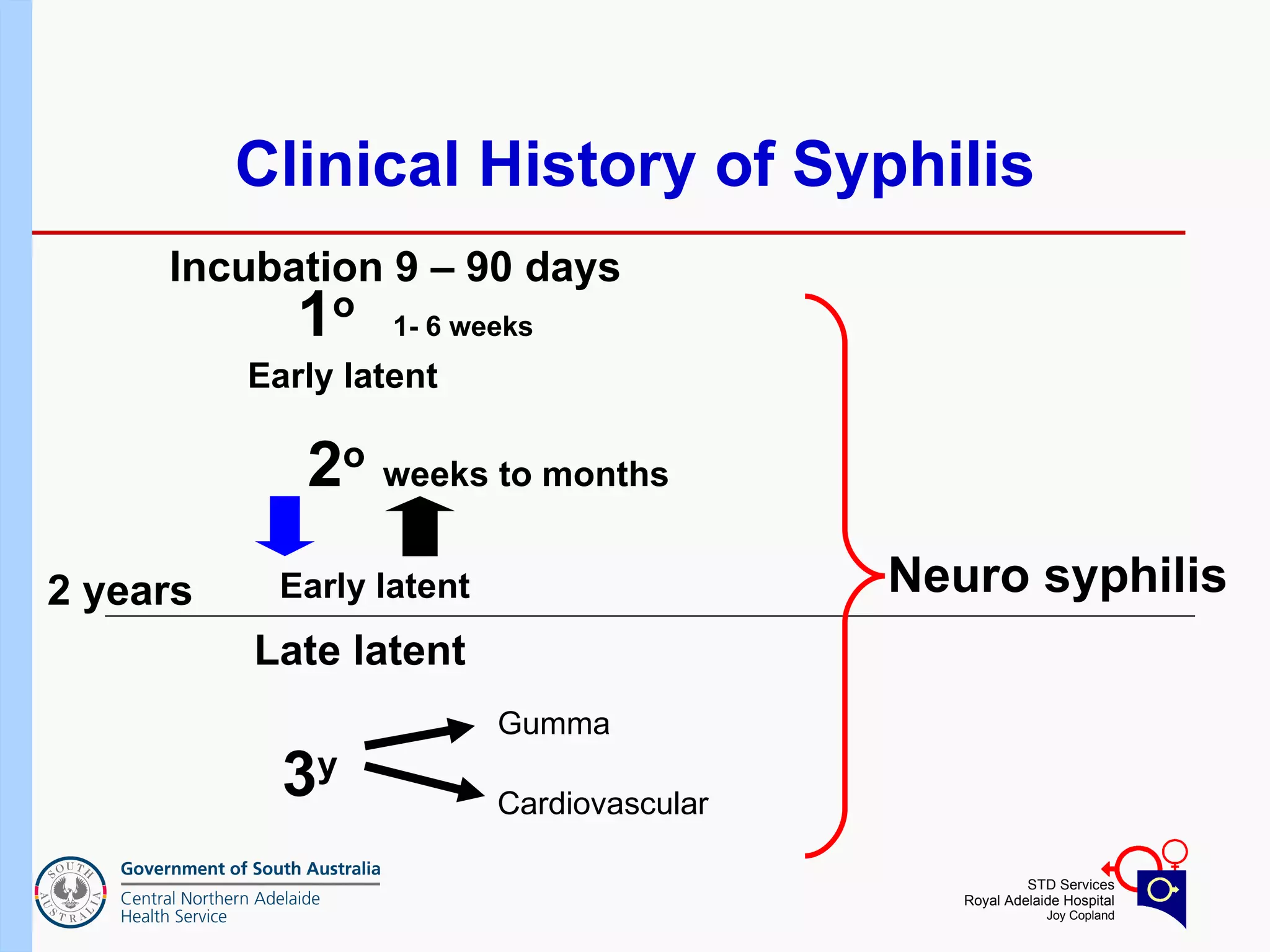 Clinical History of Syphilis 1 o  1- 6 weeks 2 o   weeks to months 3 y Early latent Early latent Late latent 2 years Incubation 9 – 90 days Neuro syphilis Gumma Cardiovascular  