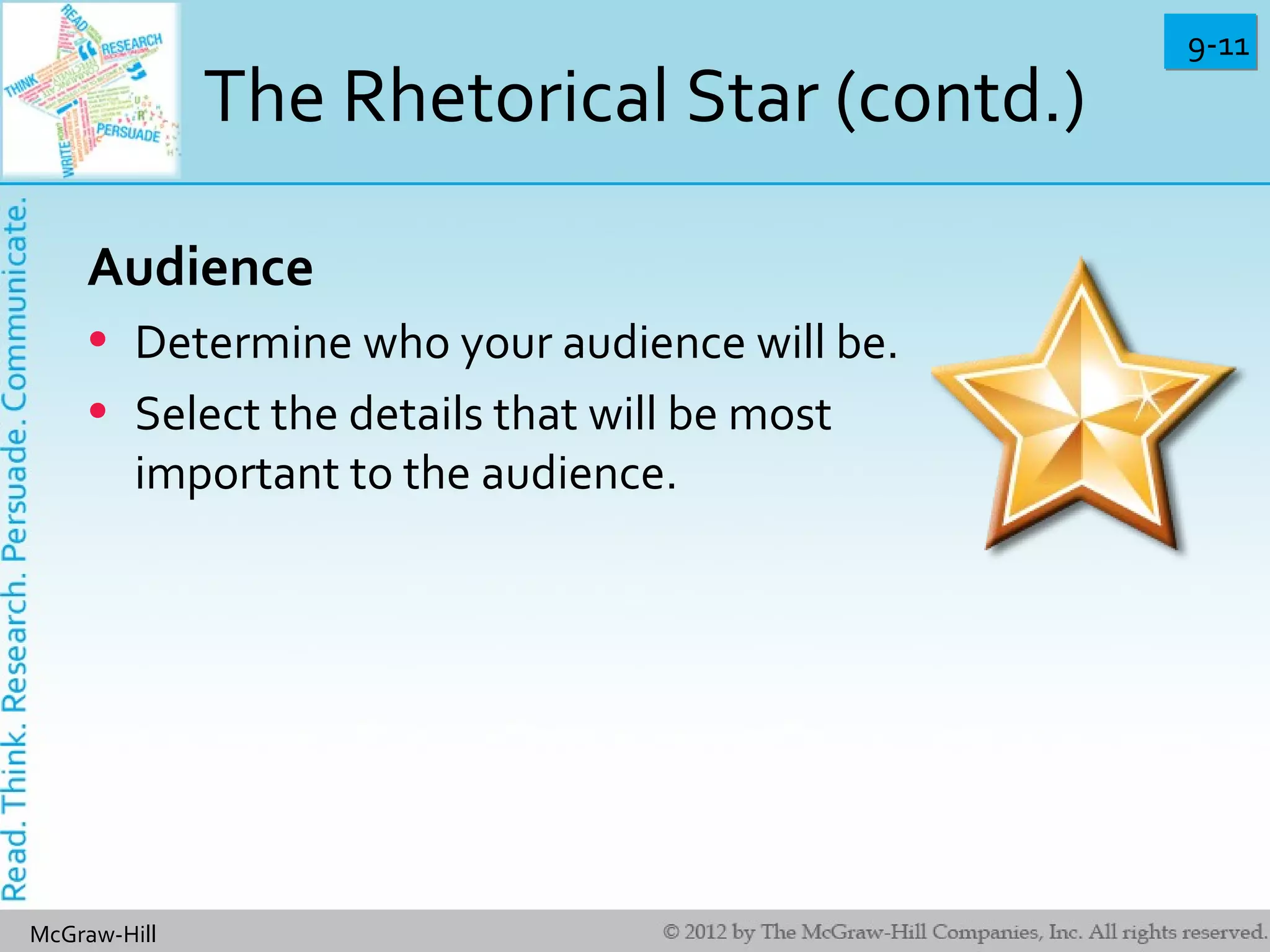 9-119-11
McGraw-Hill
The Rhetorical Star (contd.)
Audience
• Determine who your audience will be.
• Select the details that will be most
important to the audience.
 