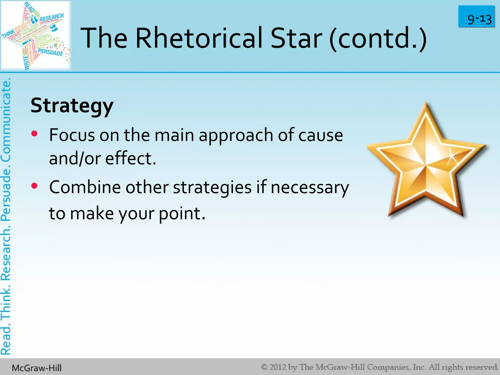 9-139-13
McGraw-Hill
The Rhetorical Star (contd.)
Strategy
• Focus on the main approach of cause
and/or effect.
• Combine other strategies if necessary
to make your point.
 