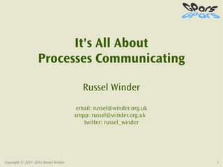 It's All About
                   Processes Communicating

                                         Russel Winder
                                       email: russel@winder.org.uk
                                      xmpp: russel@winder.org.uk
                                         twitter: russel_winder




Copyright © 2011–2012 Russel Winder                                  1
 