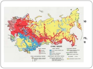 PeopleThere are a vast variety of people living in Russia.   The Statistics from Wikipedia shows the break down of the ethnic background in Russia from approximately 2002.79.8% of the population is Russian (full), 3.8% are Tatars, 2% are Ukrainians, 1.2% are Bashkirs, 1.1% are Chuvash, 0.9% are Chechen, 0.8% are Armenians, and 10.4% are other. 