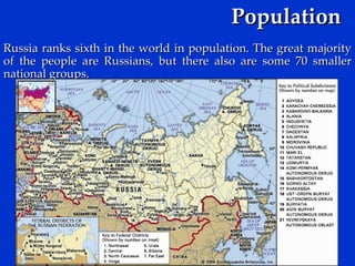   Population   Russia  ranks sixth in the world in population. The great majority of the people are Russians, but there also are some 70 smaller national groups .   