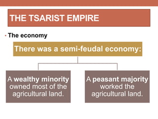 • The economy
THE TSARIST EMPIRE
There was a semi-feudal economy:
A wealthy minority
owned most of the
agricultural land.
A peasant majority
worked the
agricultural land.
 