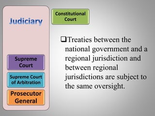 Constitutional
Court
Supreme
Court
Supreme Court
of Arbitration
Prosecutor
General
Treaties between the
national government and a
regional jurisdiction and
between regional
jurisdictions are subject to
the same oversight.
 