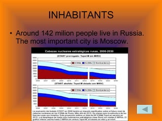 INHABITANTS Around 142 milion people live in Russia. The most important city is Moscow.