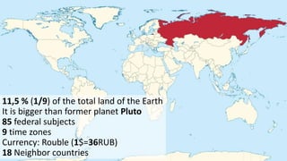 7
Unofficial Symbols
• Architecture: Moscow Kremlin, Saint Basil's Cathedral
• Symbol: Mother Motherland statue (‘Mother Russia’ at the West)
• Mascot: Matryoshka doll, Cheburashka, Bear Misha
• Plant: Chamomile, Birch tree
• Animal: Russian bear
 