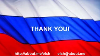 Movies & Cartoons, Music
Happy People: A Year in the Taiga (documentary film):
http://bit.ly/HappyPeopleEp1 (episode 1, spring)
http://bit.ly/HappyPeopleEp2 (episode 2, summer)
http://bit.ly/HappyPeopleEp3 (episode 3, autumn)
http://bit.ly/HappyPeopleEp4 (episode 4, winter)
Mosfilm (collection of Russian movies and cartoons with subtitles):
http://bit.ly/Mosfilm (subtitles are added manually by pressing “CC” button)
Ivan Kupala (Russian folk band)
http://bit.ly/IvanKupala (listen to the music in youtube player)
Modern Russian Music
http://bit.ly/RuMusicMix (Russian music mix created by me)
70
 