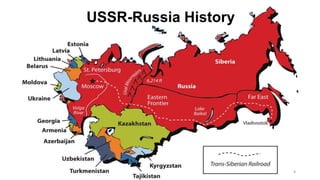 8
11,5 % (1/9) of the total land of the Earth
It is bigger than former planet Pluto
85 federal subjects
9 time zones
Currency: Rouble (1$=36RUB)
18 Neighbor countries
 