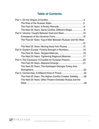 Table of Contents
Part 1: On the Origins of Conﬂict……………………………………..….4 
The Rise of the Russian State.……………………………………5 
The Past 25 Years: A Rivalry Remade……………………………6 
The Next 25 Years: Same Conﬂict, Different Shape………….…8 
Part 2: Ukraine: Caught Between East and West……………………..10 
Emergence of the Ukrainian Front……………………………….10 
The Past 25 Years: Tug-of-War Between Russian and the West 
……………………………………………………………………….12 
The Next 25 Years: Moving Away from Russia…………………13 
Part 3: Eastern Europe: Finding Strength in Numbers……………..…15 
The Past 25 Years: Tangled Alliances……………………………16 
The Next 25 Years: Tightening Regional Alliances……………..17 
Part 4: The Caucasus: A Crucible for Eurasian Powers………………20 
The Past 25 Years: Alliances Emerge……………………………21 
The Next 25 Years: The Azerbaijan-Georgia-Turkey Axis 
Strengthens………………………………………………………….22 
Part 5: Central Asia: A Different Kind of Threat…………………………25 
The Past 25 Years: The Afghan Conﬂict Creates Volatility……..26 
The Next 25 Years: Other Powers Overtake Russia and the
West……………………………………………………………..……28 
 
 
COPYRIGHT STRATFOR ENTERPRISES LLC 2015 3
 