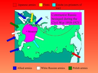 Allied armies White Russian armies Polish armies
Japanese armies Finns
Communist RussiaCommunist Russia
besieged during thebesieged during the
Civil War 1918-1921Civil War 1918-1921
• Moscow
• Petrograd
Czechs (ex-prisoners of
war)
 