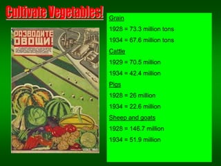 Grain
1928 = 73.3 million tons
1934 = 67.6 million tons
Cattle
1929 = 70.5 million
1934 = 42.4 million
Pigs
1928 = 26 million
1934 = 22.6 million
Sheep and goats
1928 = 146.7 million
1934 = 51.9 million
 