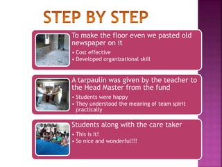 To make the floor even we pasted old
newspaper on it
• Cost effective
• Developed organizational skill
A tarpaulin was given by the teacher to
the Head Master from the fund
• Students were happy
• They understood the meaning of team spirit
practically
Students along with the care taker
• This is it!
• So nice and wonderful!!!